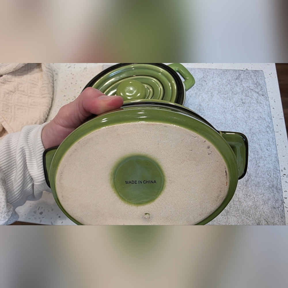 Vintage avocado green stoneware mini covered casserole dish. Set Of 2, Like New. - Picture 12 of 13
